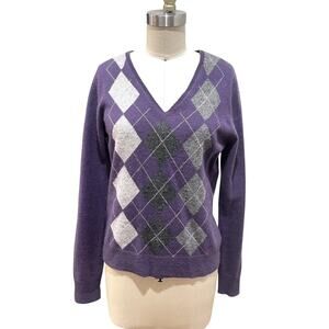 Apt 9 Sweater Womens Medium Purple 100% Cashmere Argyle V Neck Pullover